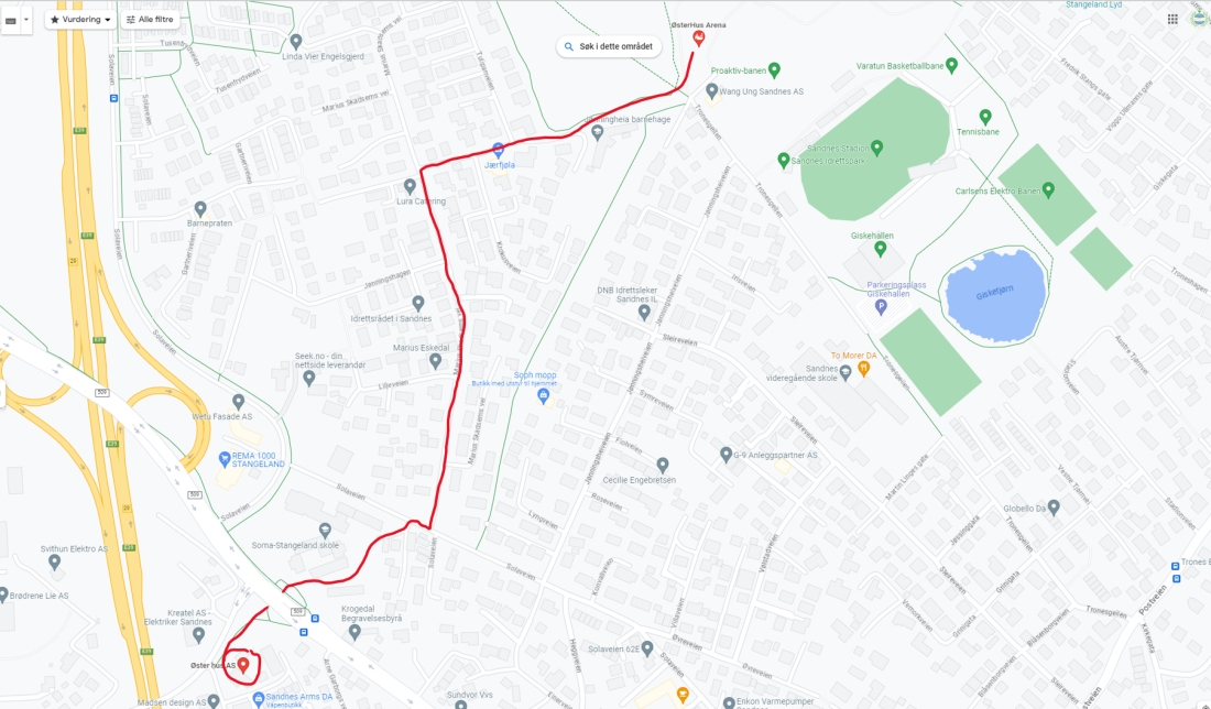 Rute skoletog søndag 11. juni fra Øster Hus til Øster Hus Arena.png